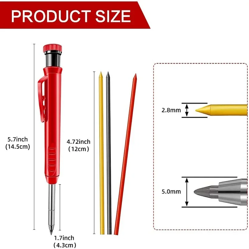 Solid Carpenter Pencil and Built-in Sharpener with Refill Leads for Deep Hole Mechanical Pencil Marker Marking Woodworking Tools
