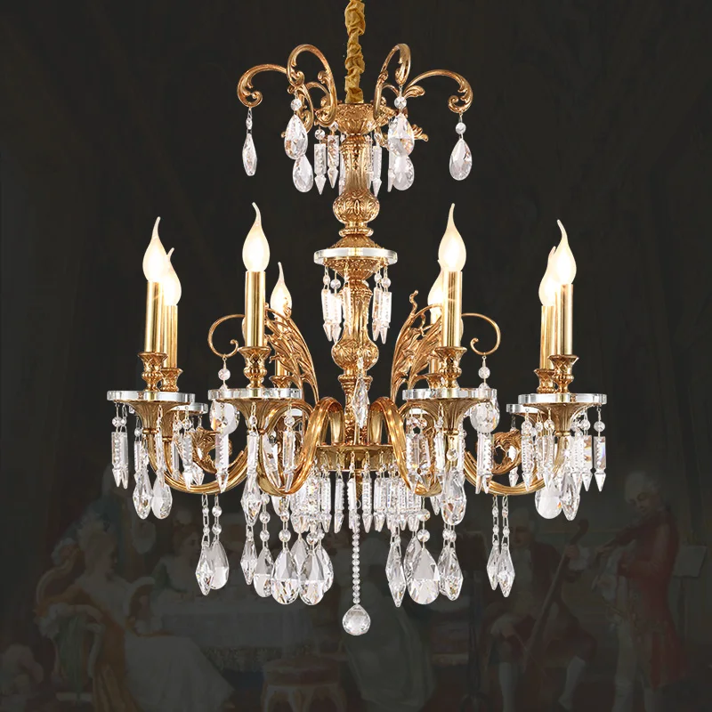 

French Royal Brass Crystal Chandelier Bedroom Living Room Hotel Deco Droplight European Brass Candle Classic Pendant Lamp