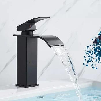 Black Waterfall Bathroom Faucet Basin Vanity Vessel Sinks Mixer Tap Cold And Hot Water Tap Single Hole Bath Sink Faucets Crane 1