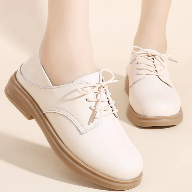 

Female Retro Leather Shoes British Style Lace-up Round Toe Footwear Autumn Thick Bottom Comfort Shoes Zapatillas Casual Mujer