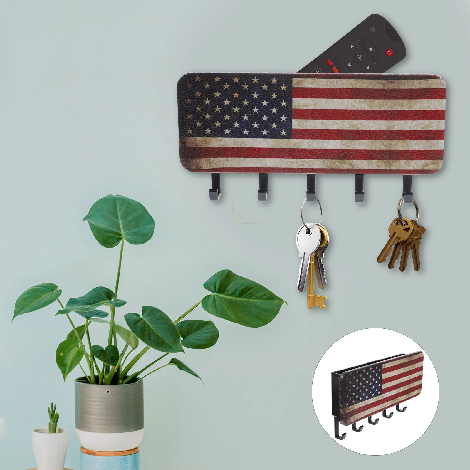 

Retro Flag Pattern Multifunctional Nail-free Wall Storage Box Entry Key Hook Mount Rack Fob Metal Holder For Shelves Keys Mail