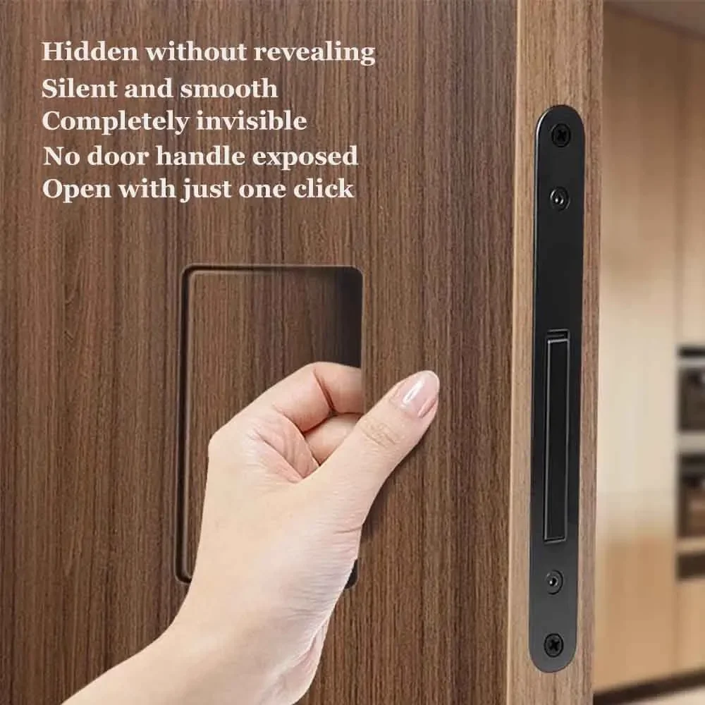 1-Piece Invisible Door Lock Set For Indoor Wooden Doors - Silent, No Handle, Black