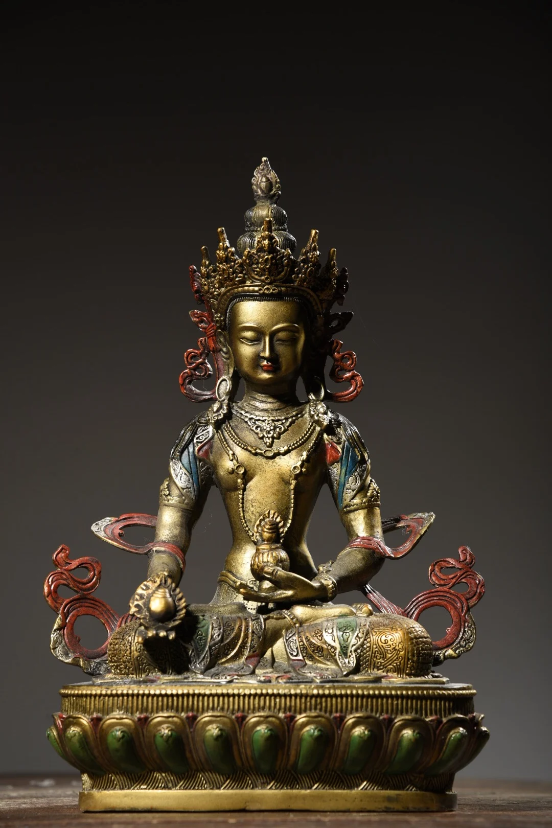 

11"Tibetan Temple Collection Old Bronze Painted vajra holder Tara Buddha secret master lotus platform Worship Hall Town house