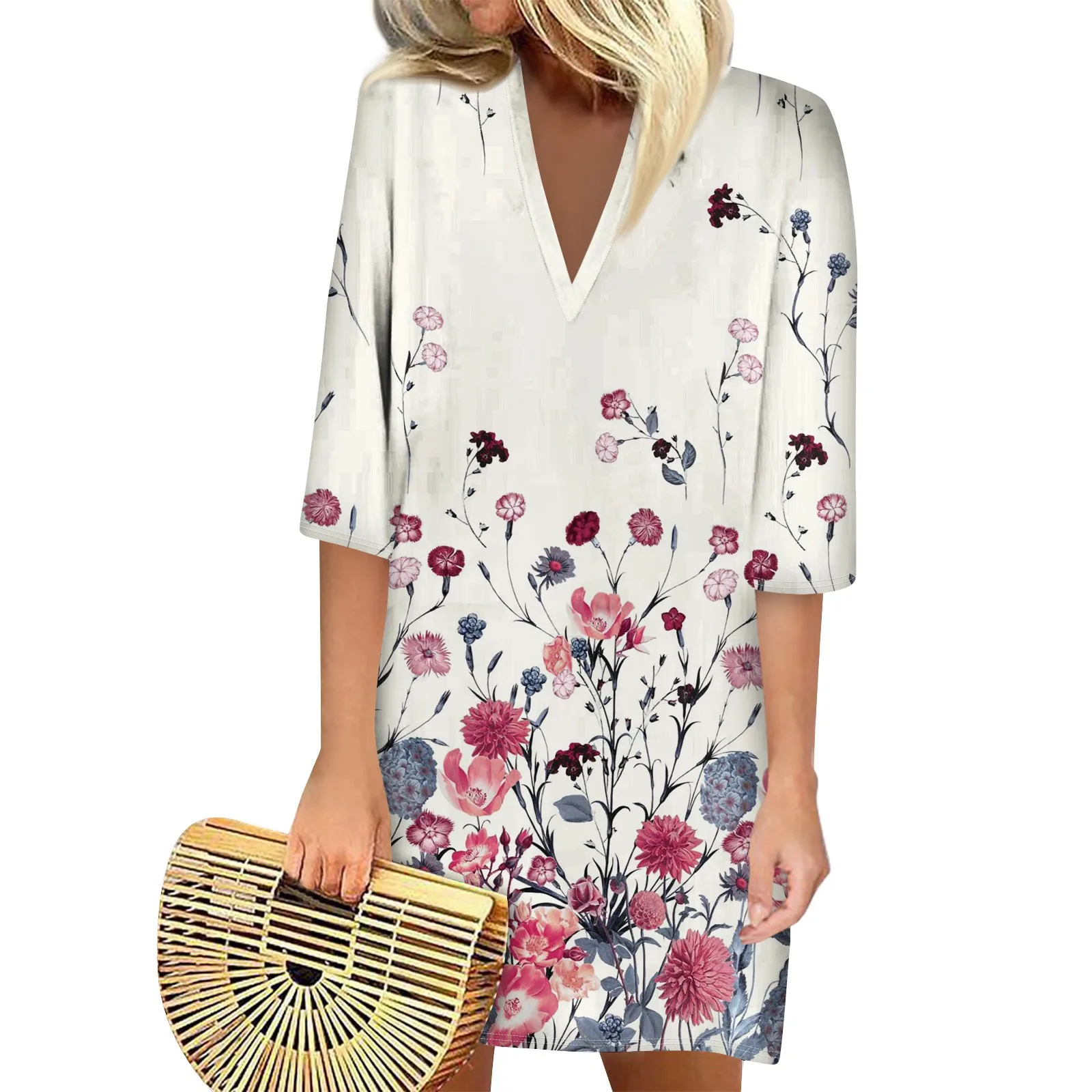 

Summer Dresses For Women 2024 Fashion Casual Printed Loose V Neck 3/4 Sleeve Dress فساتين طويلة платье женское vestidos 원피스#