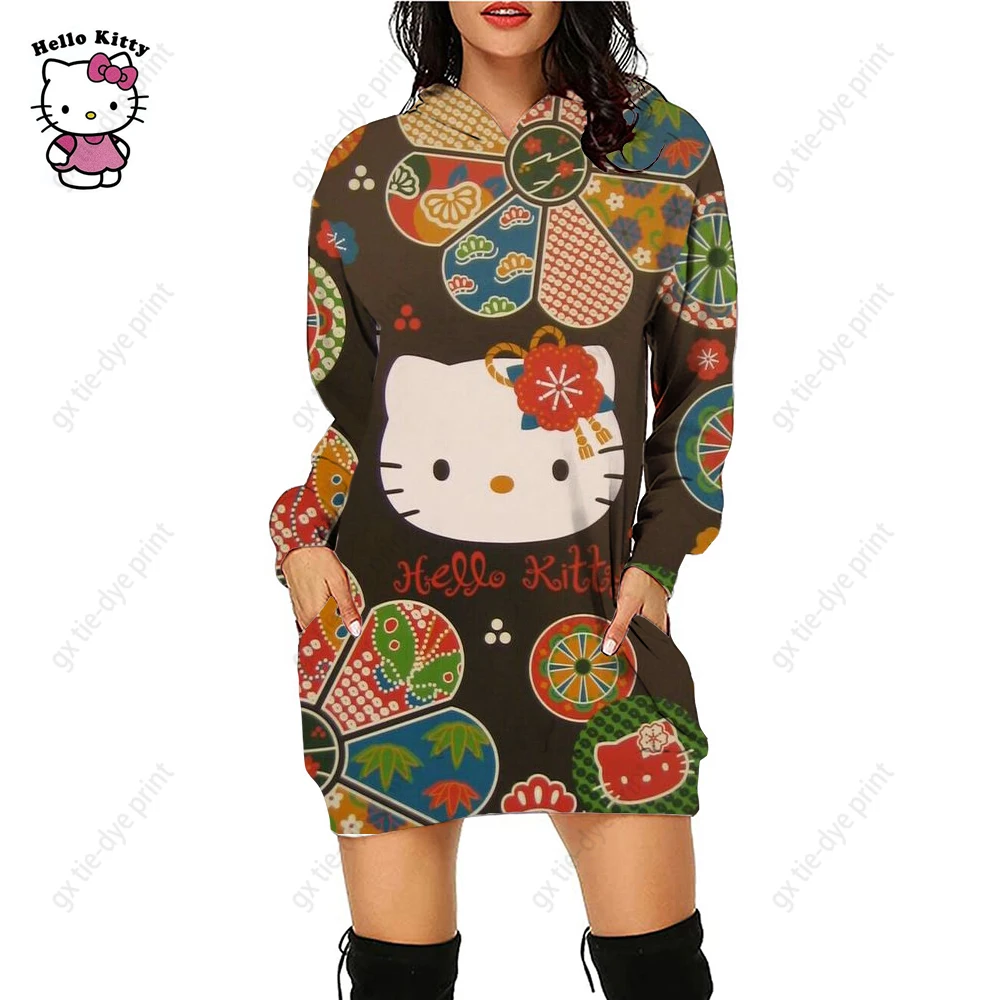 

2023 Autumn/Winter Hello Kitty Printed Longer Pullover Sweatshirt Women S-5XL Women's Loose Fitting Casual Long Sleeved Hoodie