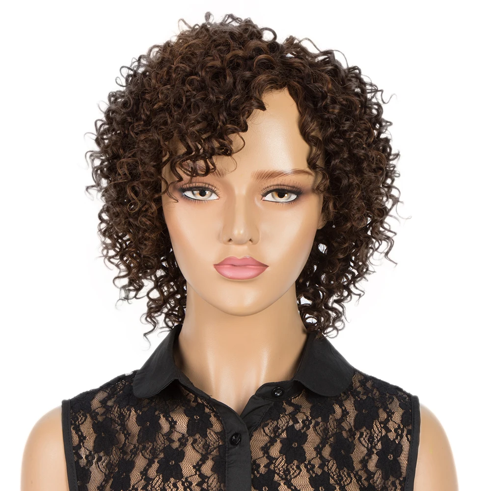

Trueme Short Bob Kinky Curly Human Hair Wigs Curly Bob Wig With Bangs Ombre Brown Color Brazilian Curly Human Hair Wig For Women
