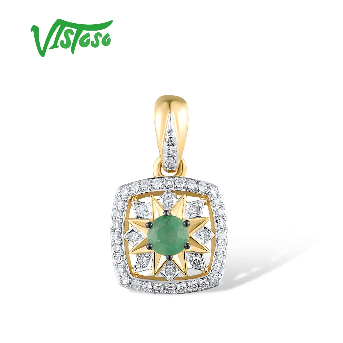 

VISTOSO Authentic 14K 585 Gold Pendant For Women Yellow Gold Emerald Sparkling Diamond Engagement Anniversary Gift Fine Jewelry