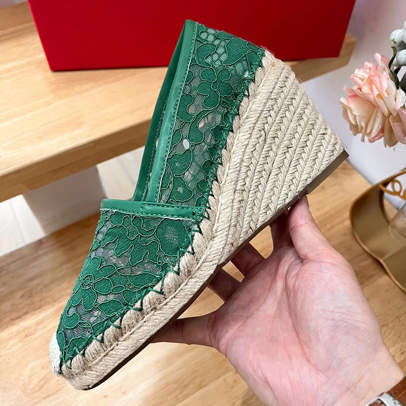 

Wedges High Heels Summer New Handmade Lace Flower Sewing Design Platform Ladies Single Shoes Round Head Shallow Female Pumps