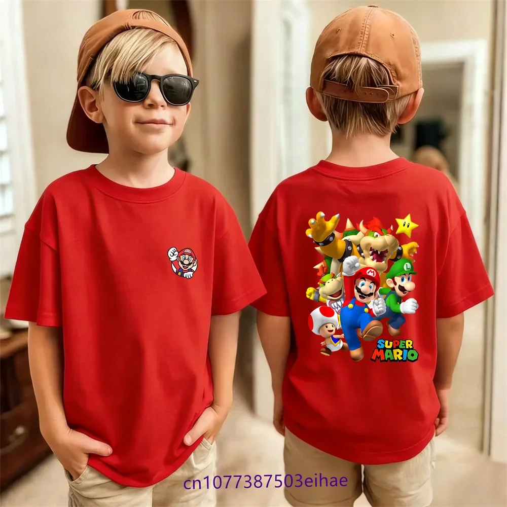 2026 새로운 슈퍼 마리오 애니메이션 어린이용 순면 티셔츠, 여름 패션 캐주얼 티셔츠, 유니섹스 통기성 탑 마리오 브라더스
