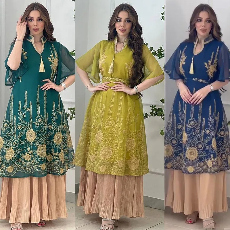 

AB313 Middle Eastern Fashion Mesh Embroidery Dress with Tassel Splice Chiffon Pleated Fashion Muslim moroccan kaftan caftan