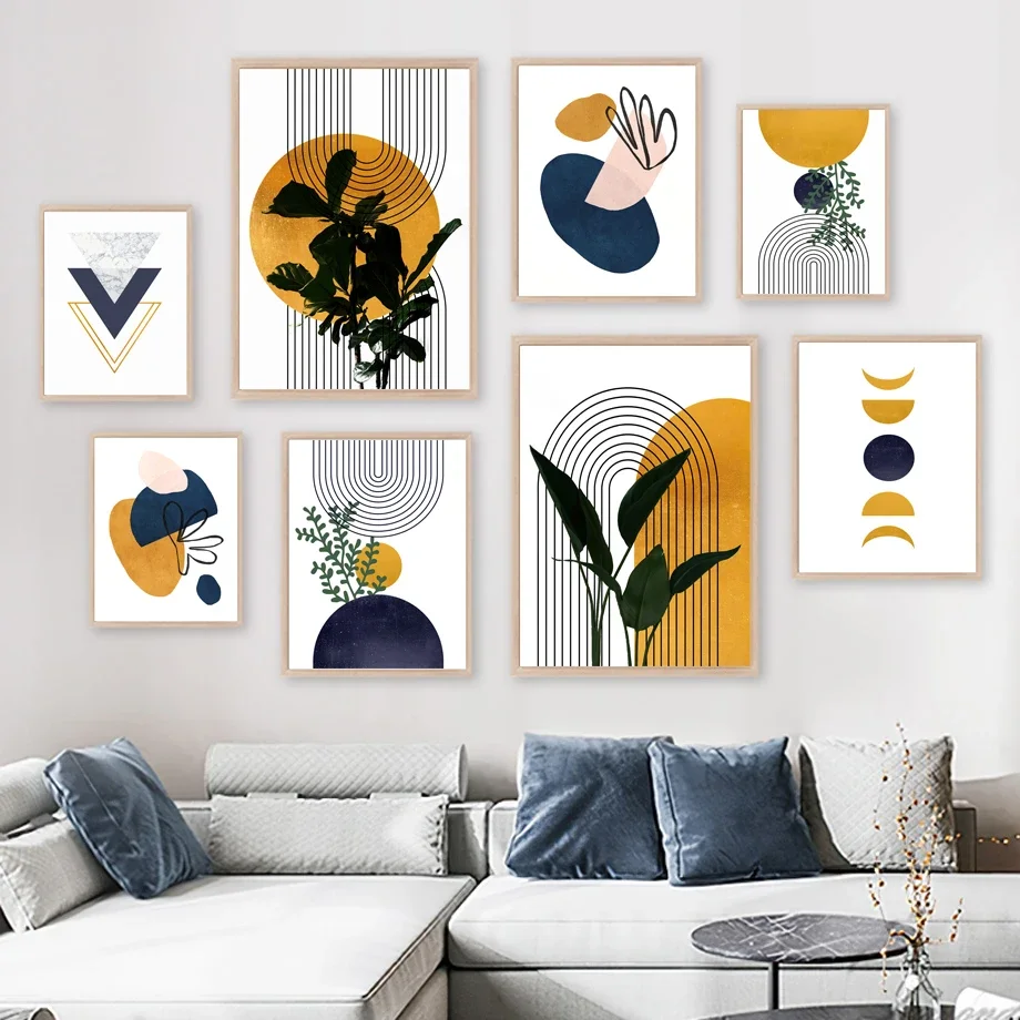 

Boho Abstract Line Leaf Geometry Color Block Minimalist Art Poster And Print Canvas Painting Wall Pictures For Living Room Decor