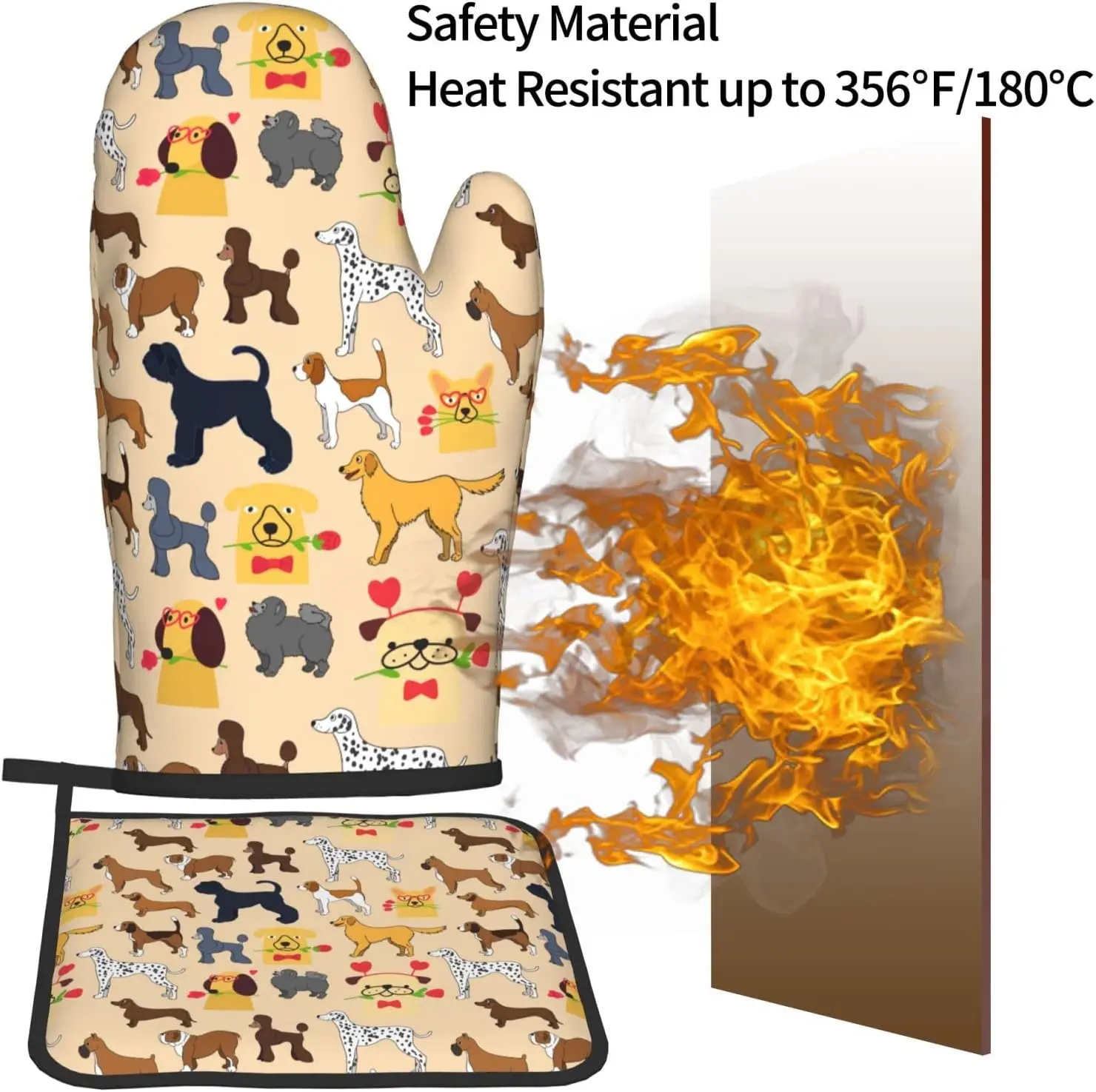 Dog with Flower Oven Mitts Pot Holders Set Heat Resistant Waterproof Gloves for Kitchen Cooking Baking BBQ