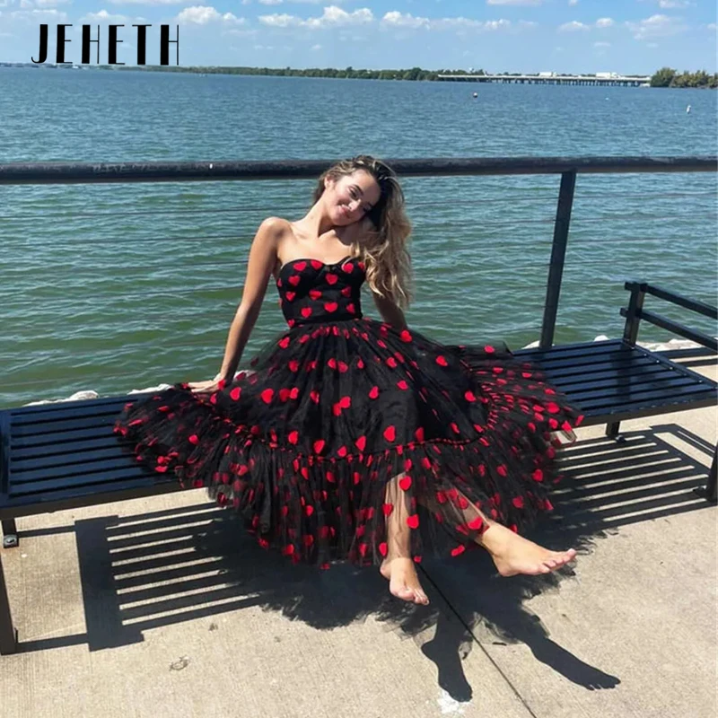 

JEHETH Black Princess Red Heart Prom Gown Tiered Tulle Strapless Sweetheart Party Charming Evening Dress Birthday Ball فساتين من