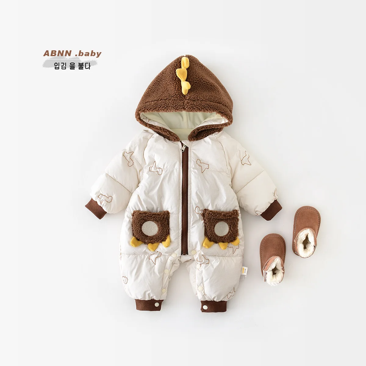 

2023 Winter Newborn Boys Parkas Cotton Padded Hooded Dinosaurs Plus Velvet Baby Boys Jumpsuit Plus Velvet Infant Boys Bodysuit