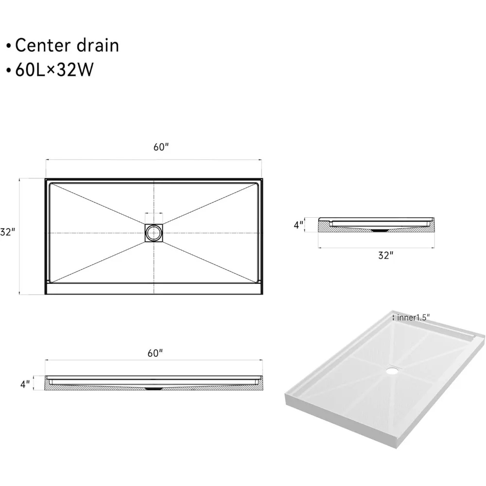 60"L&times;30"W&times;4"H Single Threshold Shower Bases with Non-Slip Textured Surface and Stainless Steel Shower Center Drain Cover