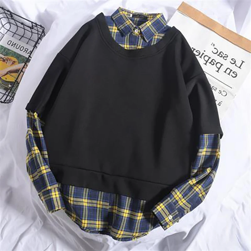 Fake Two Spliced Plaid Print Long Sleeve Men Sweatshirt Korean Fashion Casual Harajuku Oversized Couples T Shirt High Street Top