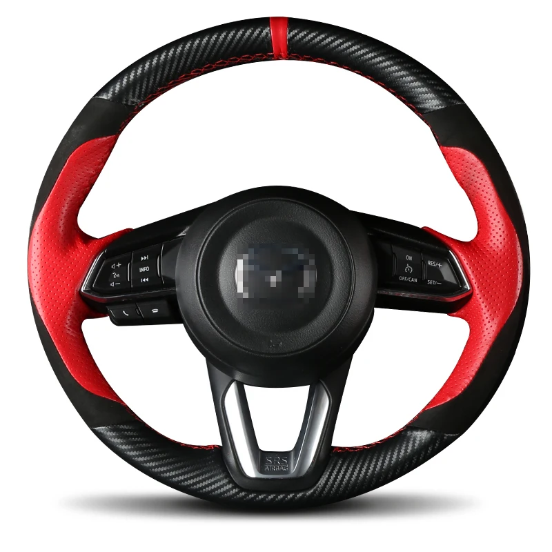 

For Mazda 3 Axela Cx-4 Cx-3 ATENZA CX-5 Red Leather Black Suede Black Carbon Fibre DIY Car Steering Wheel Cover