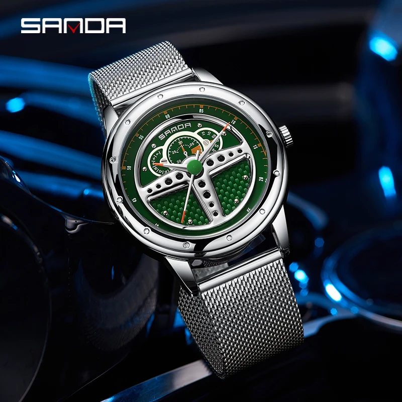 SANDA Men's Quartz Movement Watch Unique 3D Racing Steering Wheel Dial Design Creative Pointer Fashion Wristwatch Gift for Men