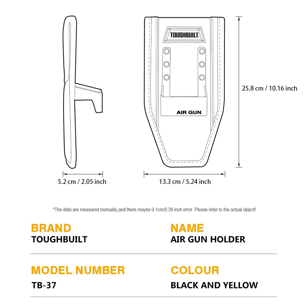 터프빌트 에어건 공구 파우치, 헤비듀티 스틸 훅 벨트 홀스터, 에어툴, 정비 및 건설 작업용 내구성 있는 원단. TB-37