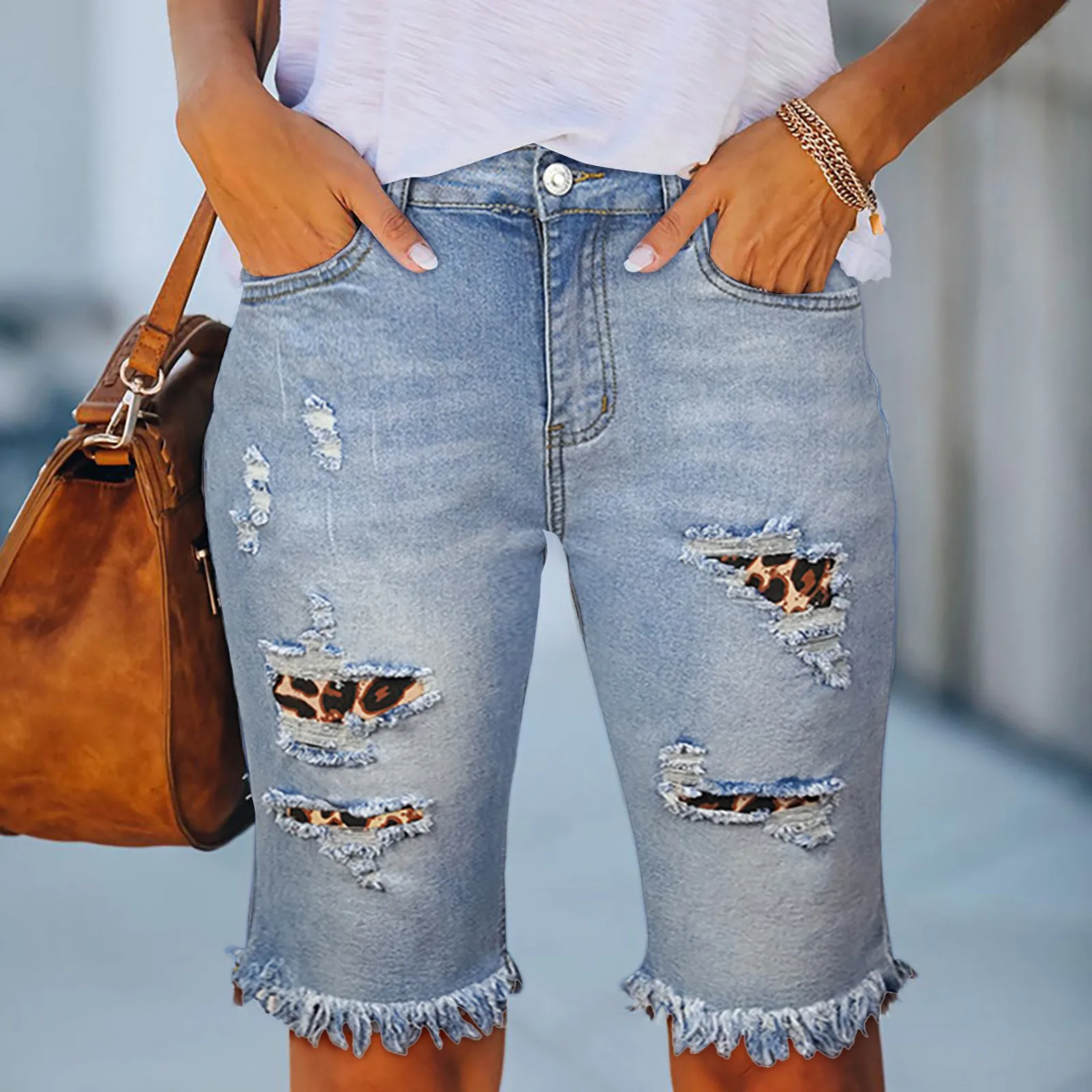 

Ripped Jeans 2023 Summer Street Tassel High Elastic Skinny Pants Mid Waist Five Points Pants Women Slim Hole Lady Casual Shorts