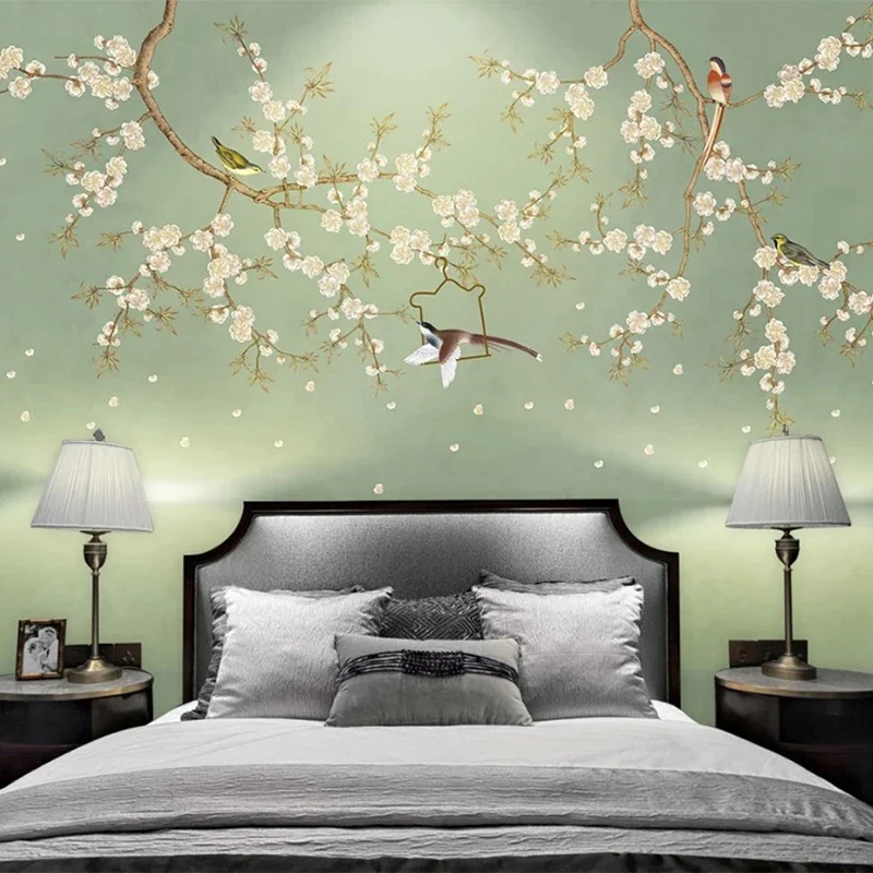 Papel de Parede Mural Personalizado Estilo Chinês Flor de Ameixa e Pássaros Mural Sala de Estar tv Sofá Quarto Escritório Papel de Parede d