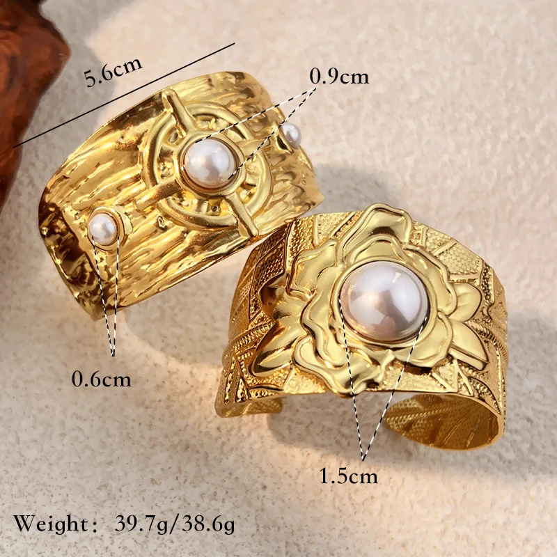 Elegant Imitation Pearl Stacking Wide Bangle Exaggerated Stainless Steel PVD Irregular Open Cuff Armband Bracelets Party Jewelry