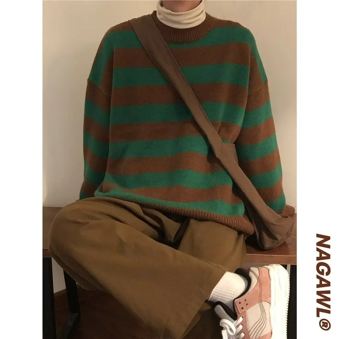 남성용 빈티지 스트라이프 스웨터, 한국 트렌디 베이스레이어 라운드넥 니트 탑, 루즈핏 커플 리넨 옷, 가을 겨울