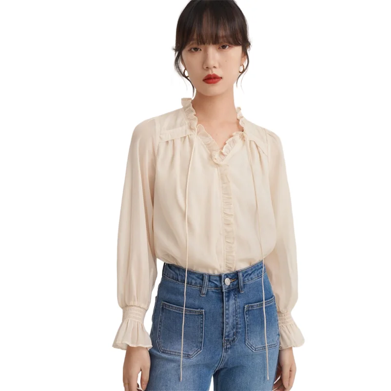 

2024 Spring Rayon Ruffled Sweet Office Lady Slim Elegant Chic Temperament Party Tops Solid Butterfly Sleeves Lightweight Blouses