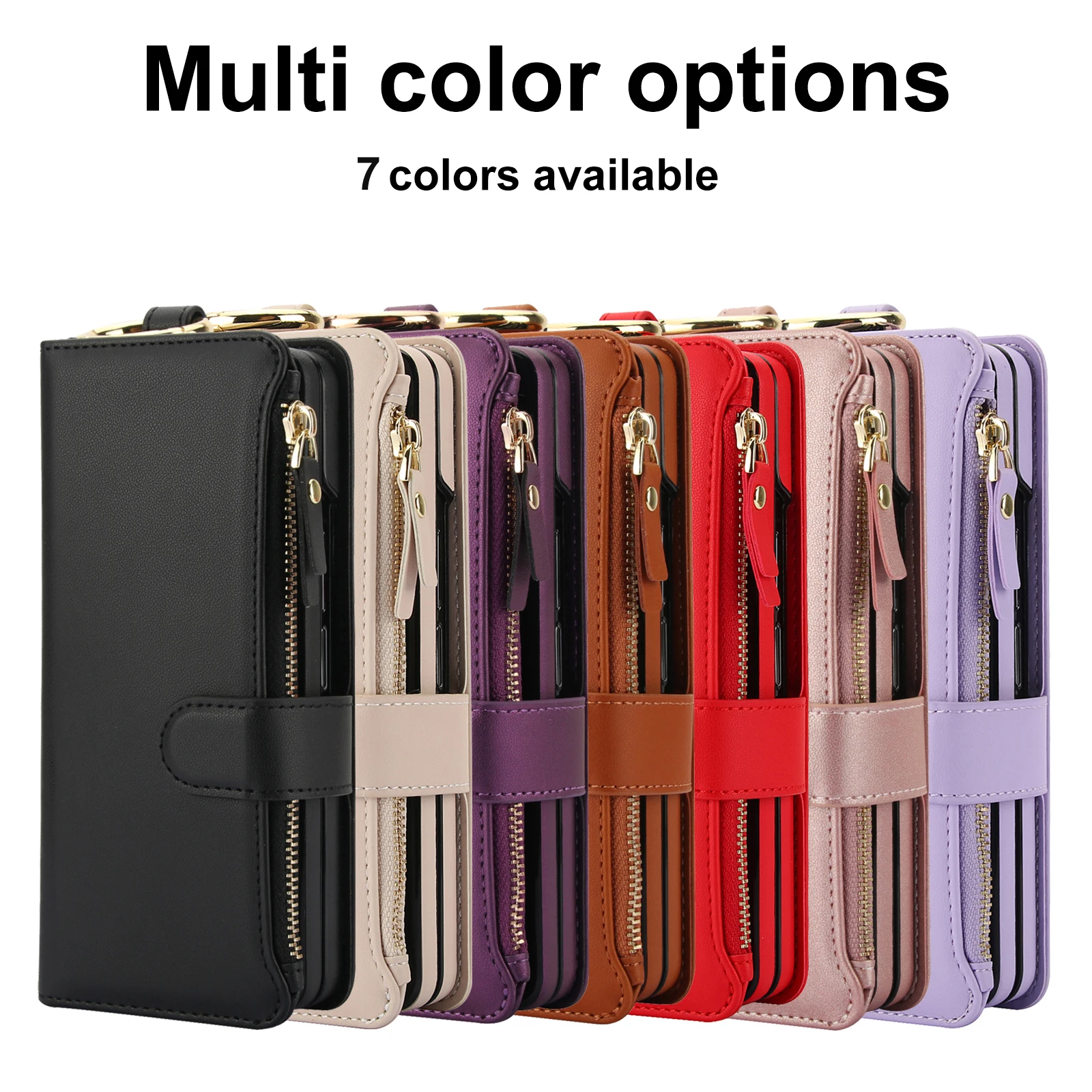 Crossbody Leather Wallet Case with Card Slots, Zipper Pocket, Wristband, Ring Holder, and Kickstand