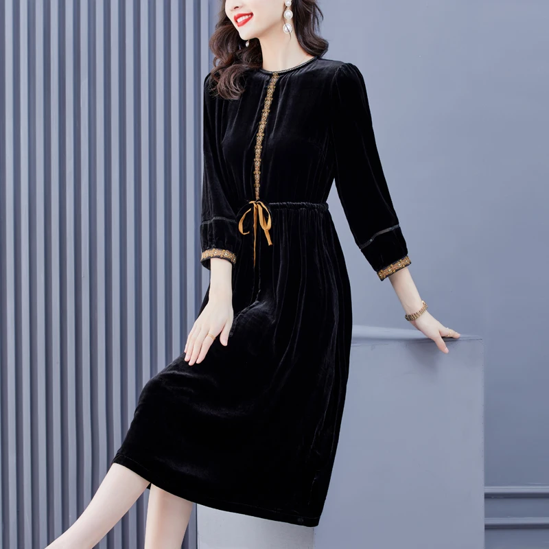 

2023 New Fashion True Velvet Dress Women's Autumn Retro Versatile Knee Length Dress Korean Loose Fit Casual Party Dress Vestidos