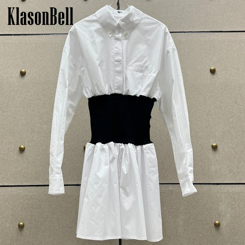 

11.10 KlasonBell Temperament Fashion Cut-Out Long Sleeve Shirt Spliced Knit Stretch Collect Waist Mini Dress Women