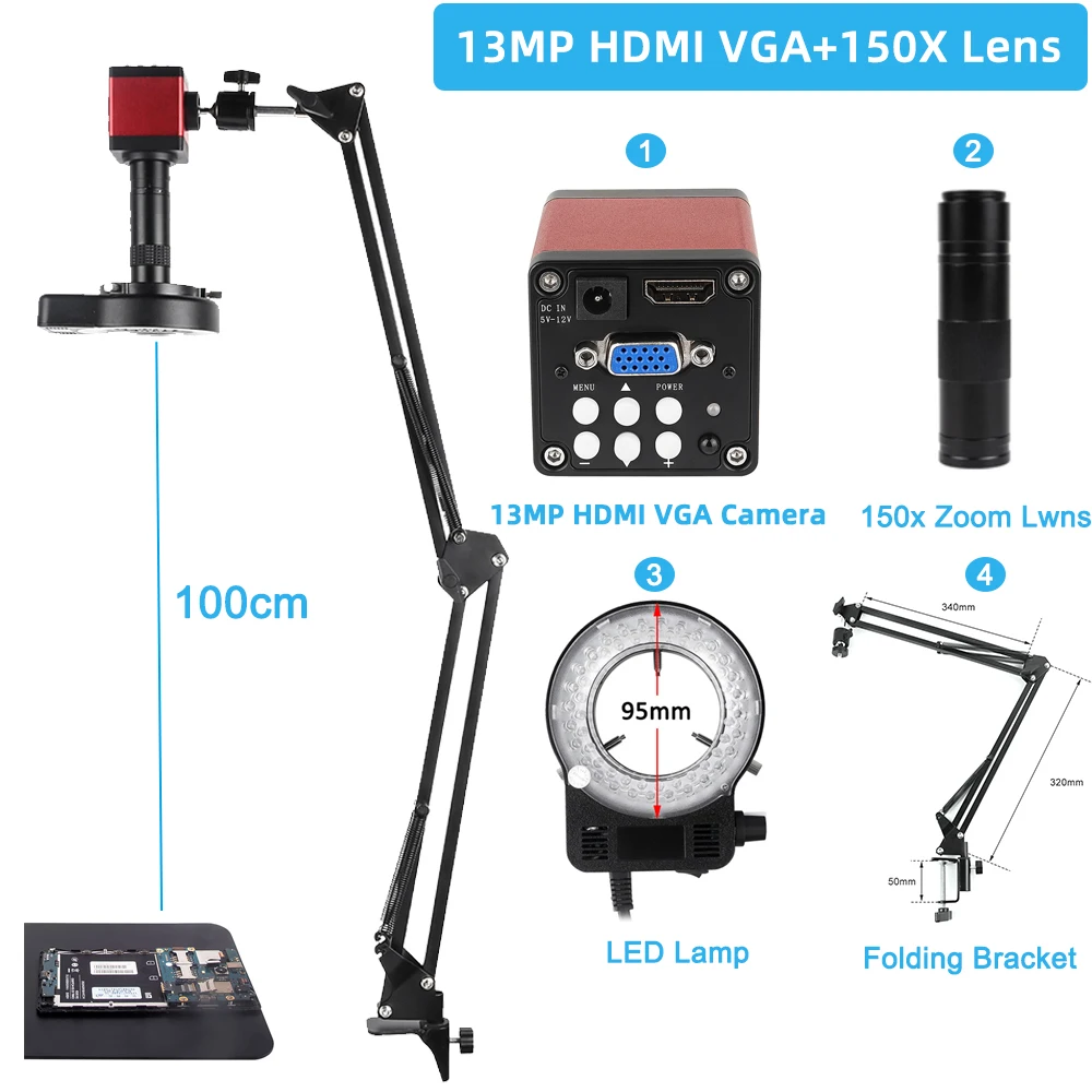 

1080P 13MP HDMI VGA Industrial Video Microscope Camera 1X-150X Zoom C Mount Lens Remote Control For Digital Image Acquisition