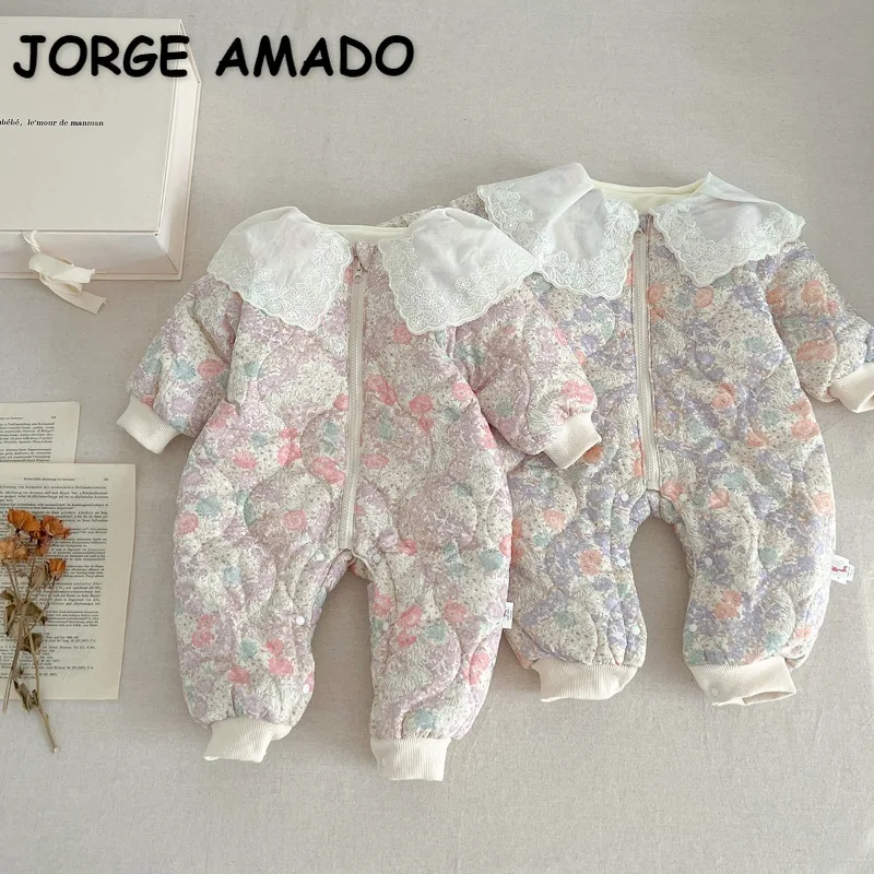 

New Winter Baby Girl Romper Long Sleeves Turn-down Collar Floral Zipper Warm Fleece Newborn Jumpsuit Warm Clothing E2357