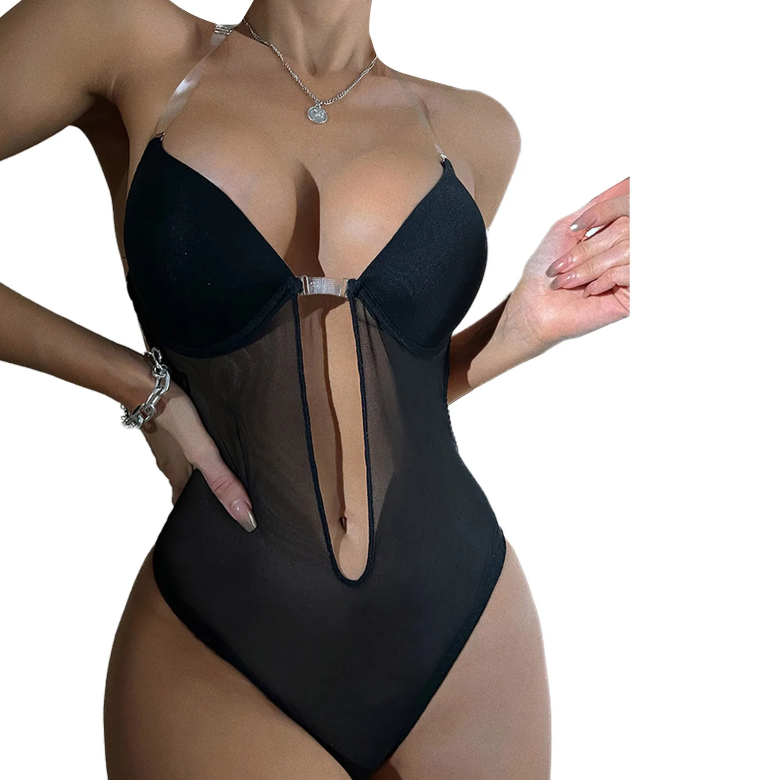 Women's Slim Bodysuit Sheer Mesh Patchwork Sleeveless Deep V-Neck Triangle Romper Leotard Tops Underwear