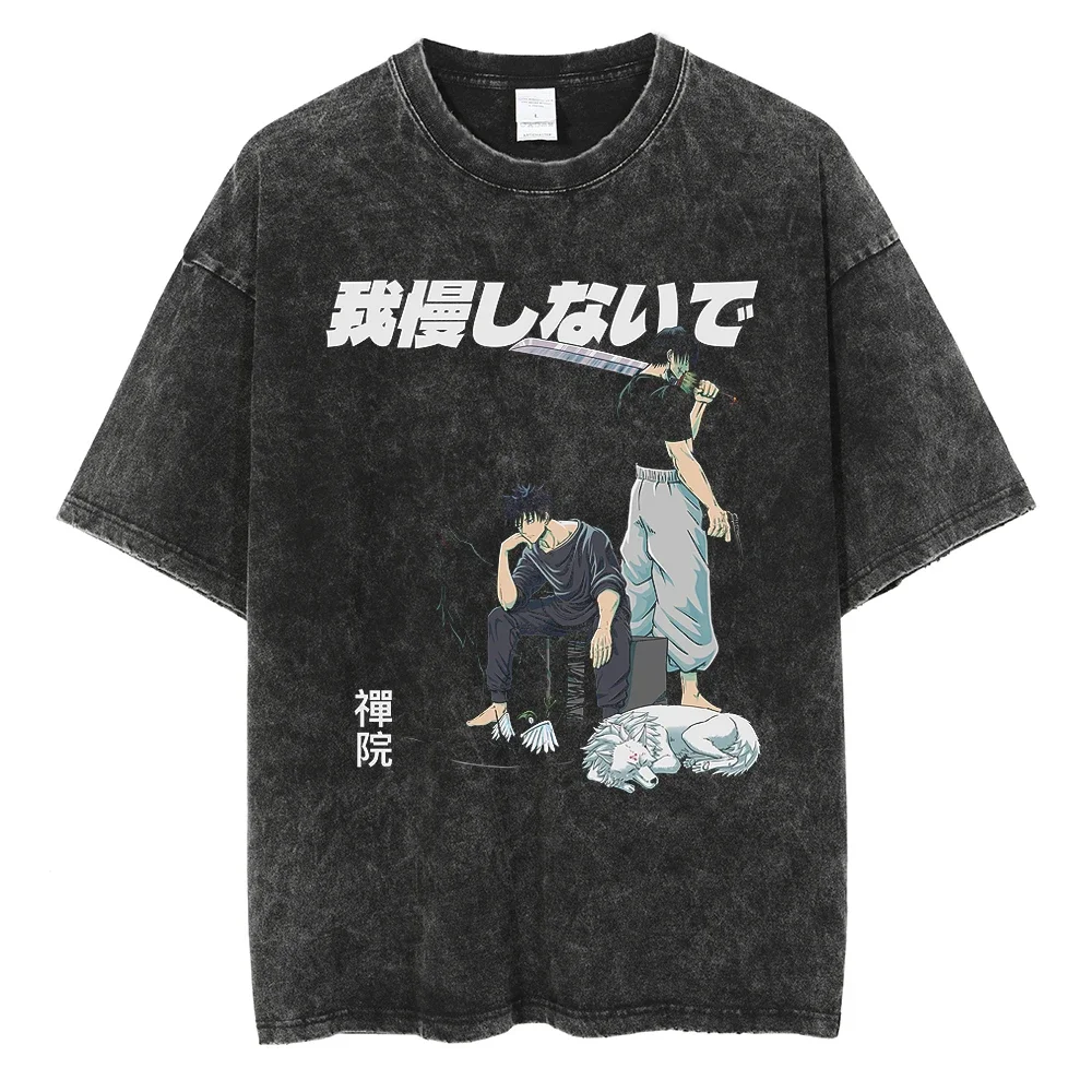 

Men Streetwear Washed Black Oversize Tshirt Anime Jujutsu Kaisen Graphic Print T-Shirt Vintage Harajuku T Shirt Cotton Tops Tees