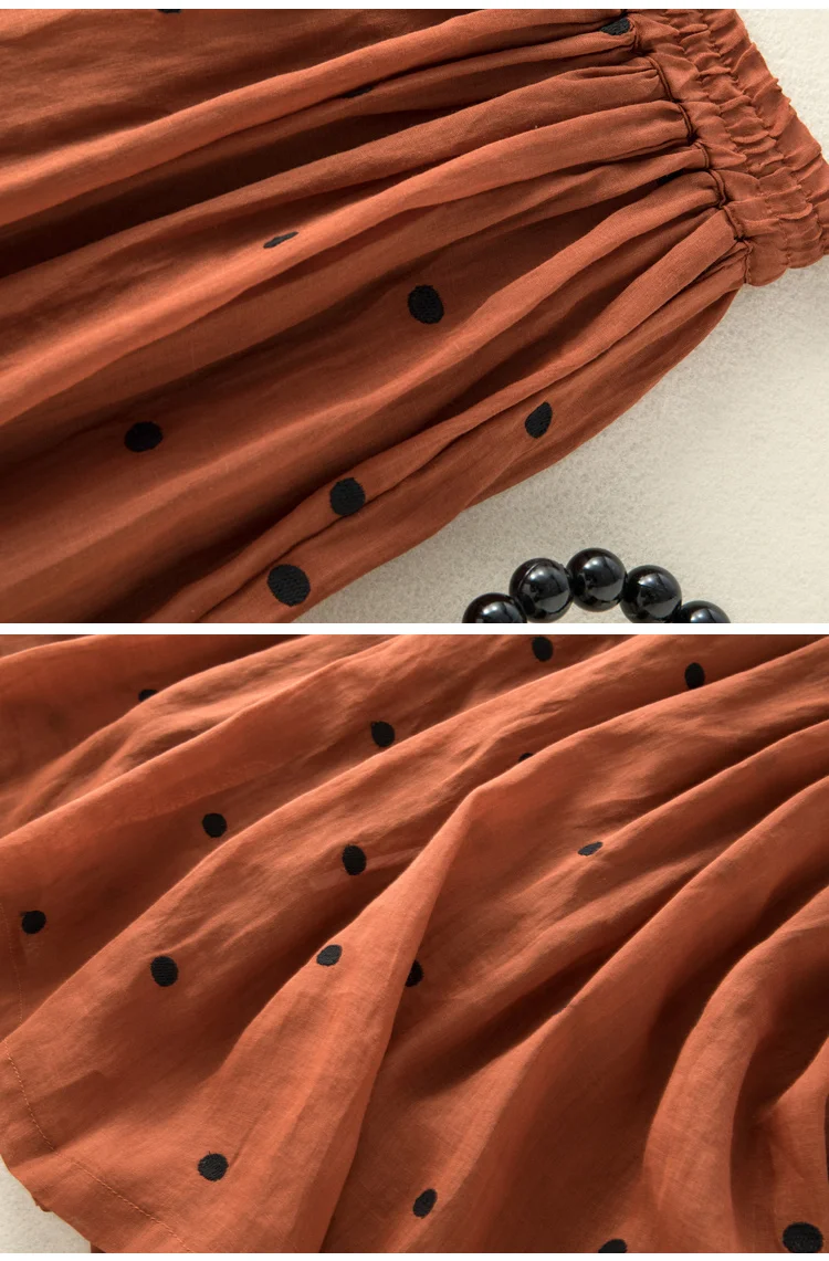 Polka Dot Cotton Linen Skirt Women Drawstring Elastic Waist A-Line Casual Vintage Big Swing Pleated Skirts Summer