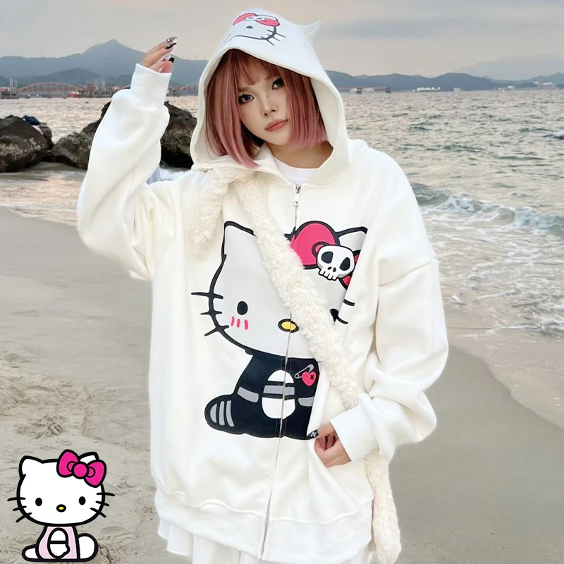 

Kawaii Sanrioed Y2K толстовка с капюшоном Hello Kitty аниме хлопковый свитшот на молнии мультфильм осенний кардиган пальто свободный винтажный тренд