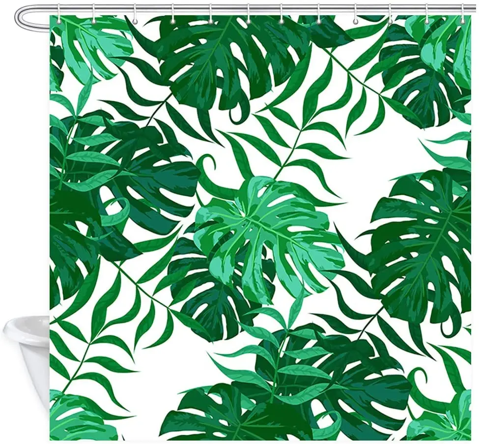 

Palm Leaves Shower Curtains Tropical Palm Leaves Jungle Green Fabric Bathroom Bath Curtain Set with Hooks Waterproof