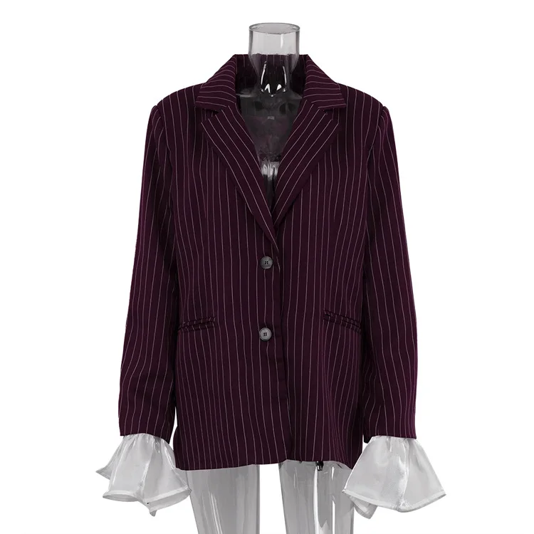 Lace Striped Suit Outwear For Women Patchwork Long Sleeve Lapel Fashion Commute Pocket Coat Ruffled Female Loose Blazer