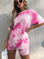 Ensemble deux pièces imprimé Tie Dye pour femmes, t-shirt basique, short, tenues décontractées, vêtements de salon, mode contraste, Jogging, tenue de motard 1