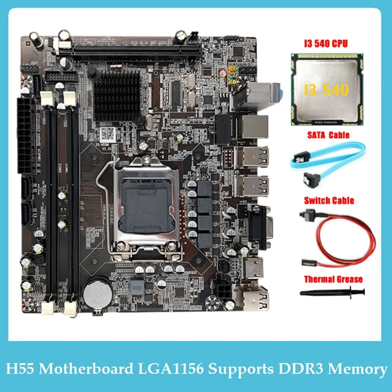 

H55 Desktop Motherboard LGA1156 Supports I3 530 I5 760 Series CPU DDR3 Memory +I3 540 CPU+SATA Cable+Switch Cable+Thermal Grease