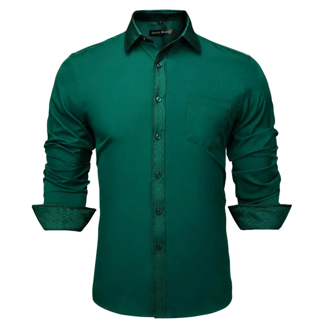 

Luxury Shirts for Men Solid Silk Green Long Sleeve Male Blouses Regular Slim Fit Business Casual Tops Breathable Barry Wang
