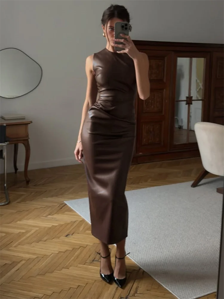 Tossy PU Sexy Fashion Maxi Dress For Women High Waist Sleeveless Slim Patchwork Solid Skinny Streetwear Female Bodycon Dress New 1