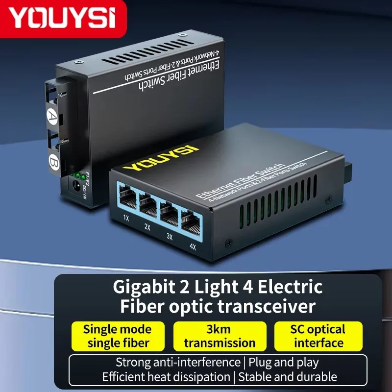 YOUYSI Gigabit Single Mode Single Fiber Optic Transceiver SC Port 1000M Optoelectronic Converter [2 Optical, 4 El