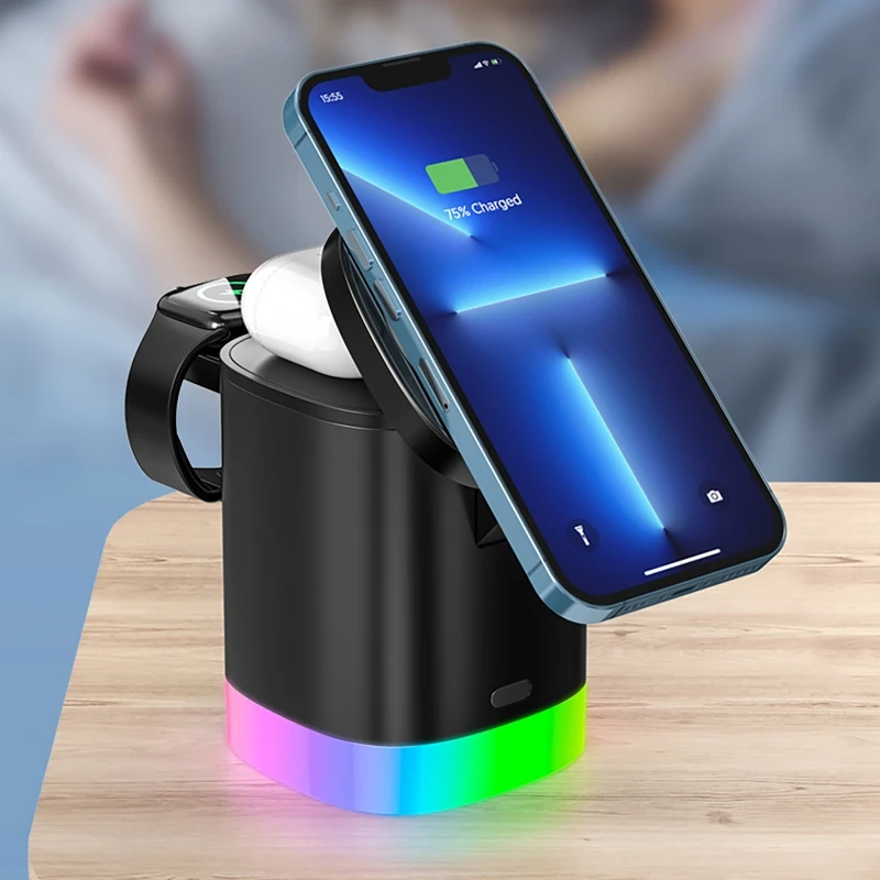 

Магнитное Беспроводное зарядное устройство 3 в 1 с RGB-подсветкой, складная подставка для iPhone 14, 13, 12, 20 Вт, быстрая Беспроводная зарядка для iWatch 8, AirPods Pro