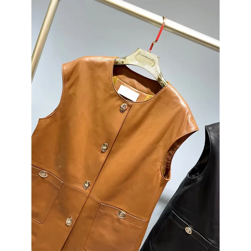 2023 Spring New Leather Sheep Leather Vest Women Casual Loose All-Matching Jacket E5