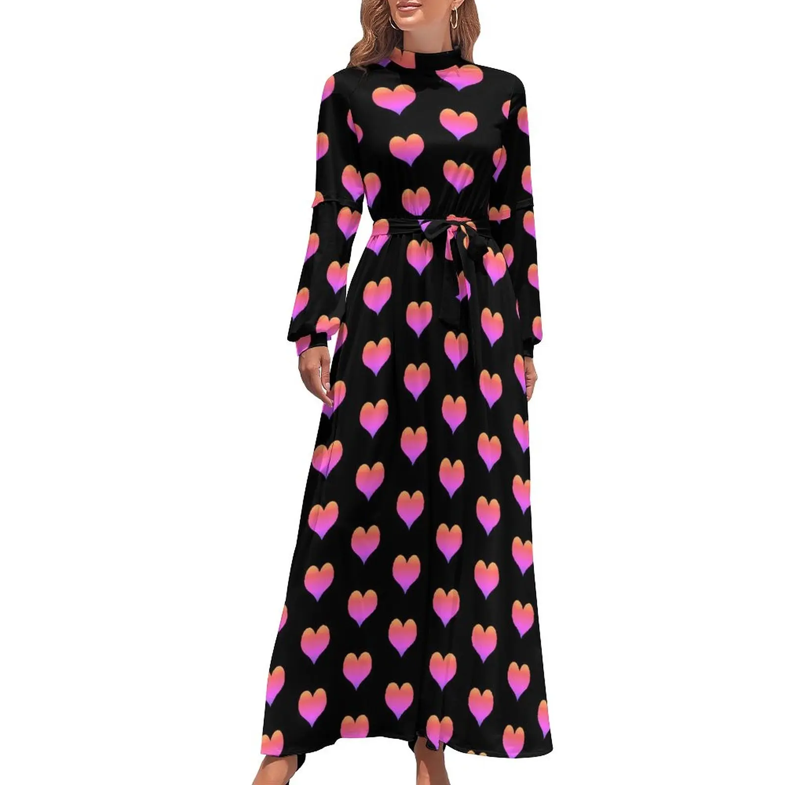 

Pink Hearts Print Dress High Waist Valentine's Day Beach Dresses Long-Sleeve Street Fashion Long Maxi Dress Cute Vestidos