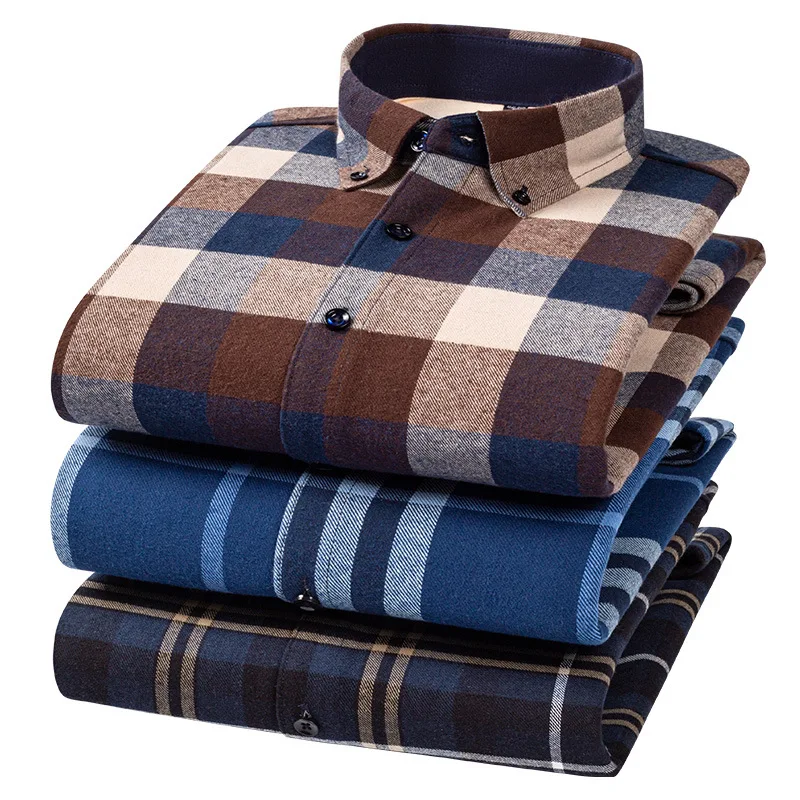 

Autumn Winter Reversible Velvet Shirts Men's Casual Thermal Thicken Warm Shirt Single Pocket Wool Fleece Plaid Striped Shirts