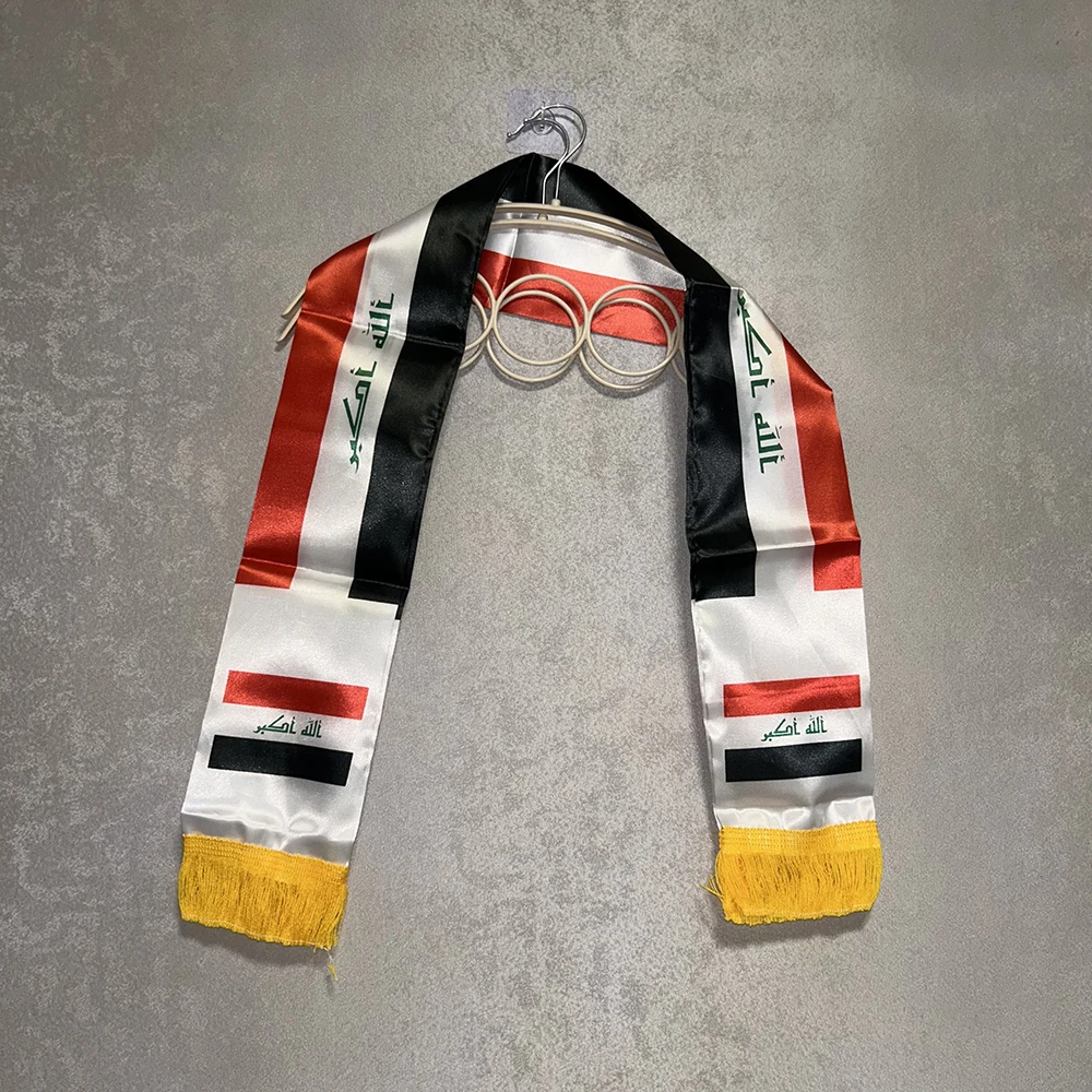 Iraq Scarf 14x135cm Double-sided printed Satin Iraq Flag Scarf Tassels Suitable for 2026 Football cup, Sports, Events