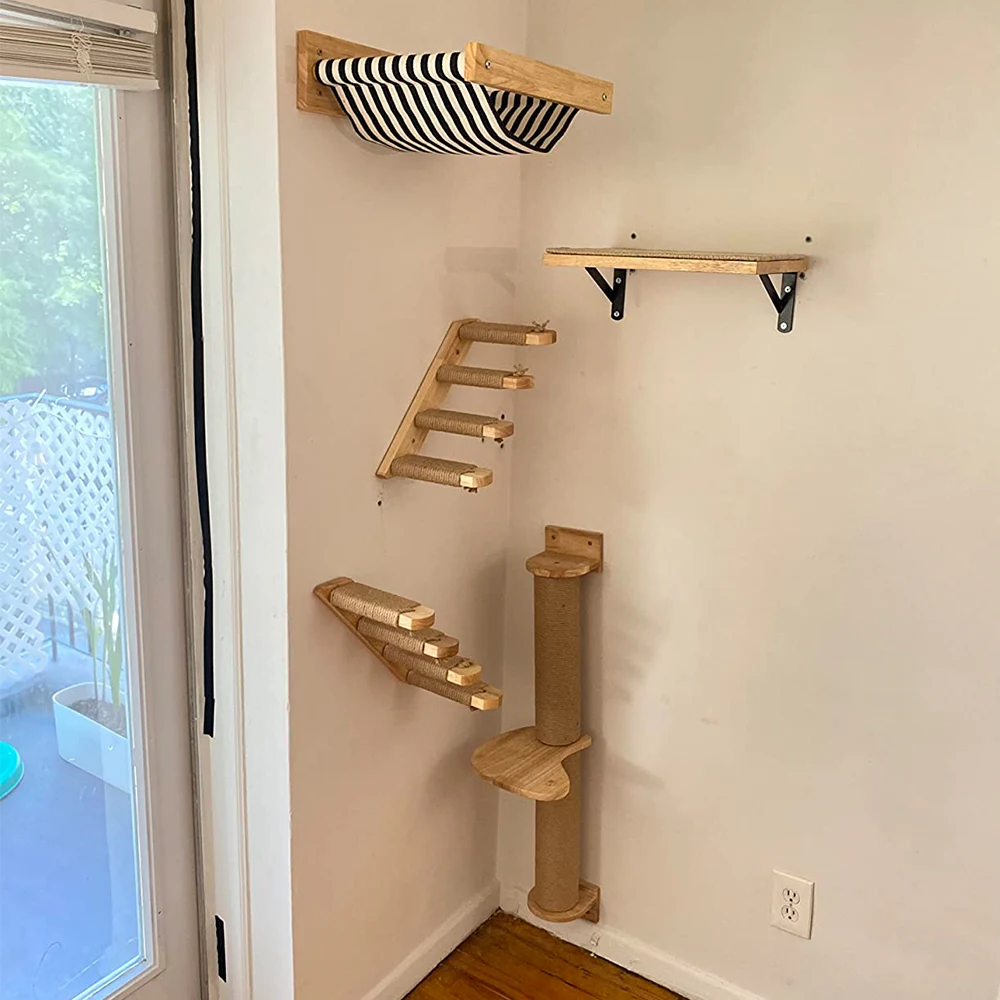 

Wall Mounted Cat Tree Scratching Post Cats Climbing Shelf Kitten Wall Climbing Furniture Four Step Stair Indoor Wood Cat Hammock